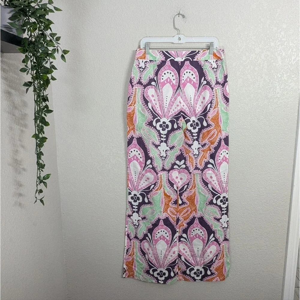 Zara Linen Blend Multicolor Wide Leg Long Pants High Rise 70s Hippie Boho Tall L